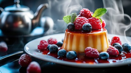 Creme caramel, berries, teapot. Generative AI