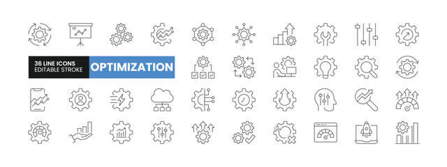 Set of 36 Optimization line icons set. Optimization outline icons with editable stroke collection. Includes Productivity, Growth, SEO, Process, Performance, and More.