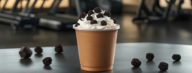 Delicious smoothie topped with chocolate and cream sits in a gym, ideal for a refreshing treat after an intense workout routine