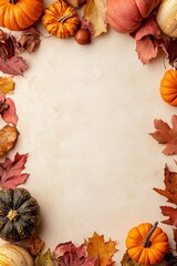 Fototapeta premium An vertical blank page with autumn leaves and pumpkins at the top of the frame, with space for text in the center