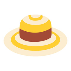 A yellow and brown hat with a brown band sits on a white background. The hat is a simple design with a round shape and a striped pattern. The hat is not very detailed, but it has a casual
