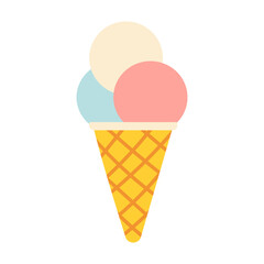 A cartoon ice cream cone with three different colored ice cream balls in it. The cone is yellow and the ice cream balls are blue, pink, and white