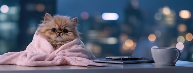 Persian cat wearing a pink bathrobe looks grumpy while sitting at a desk with a laptop and coffee cup, staring at the camera