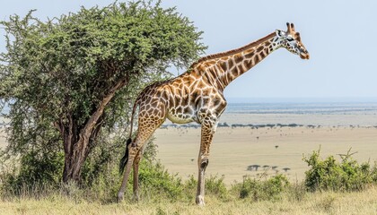 Fototapeta premium Graceful Giraffe Standing Near Green Tree on African Savannah Plain Under Clear Sky In Natural Habitat Wild Animal Wildlife Observation and Travel Destination