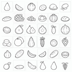 Monochrome line food icons in a uniform grid of fruits and vegetables