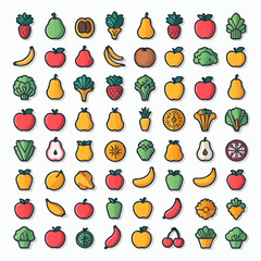 Colorful minimal food icons with fruit and vegetable arranged in rows