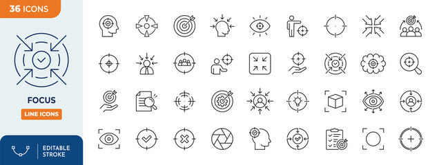 Focus icon set. Contains icons related to focus, concentration, and more. Outline Icon Collection. Editable stroke. Vector illustration	