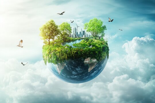 Pixelated Earth Globe Featuring Lush Green Environment and Cityscape Under Cloudy Sky with Birds in Flight Representing Environmental Conservation and Sustainable Future - Powered by Adobe