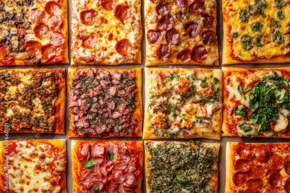 Poster Vibrant overhead view of assorted pizzas arranged in a colorful chessboard pattern showcasing diverse toppings and sauces