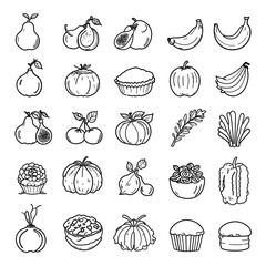 Black stroke icons of fruits and baked goods in neat hand-drawn style