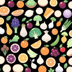 Dark background fruit and vegetable pattern with high contrast colors