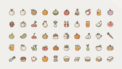 Tiny assorted food icons in muted colors with fruit and bakery elements