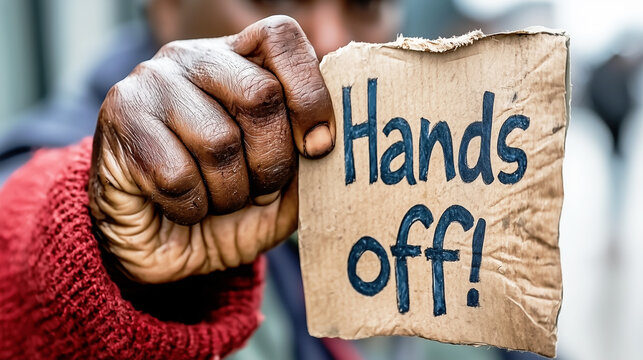 Person holding cardboard sign with hands off message.