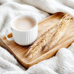Cozy morning coffee with wheat stalks on a wooden tray over a soft knit blanket.