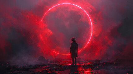 Fototapeta premium Man Standing Before Red Magic Circle at Night in Digital Art, Enigmatic and Mysterious, Atmospheric Fantasy Scene, Concept of Dark Rituals and Magic