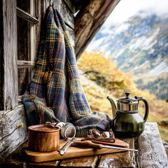 Rustic cabin porch setting with teapot, wooden cup, plaid blanket, and autumn mountain view.