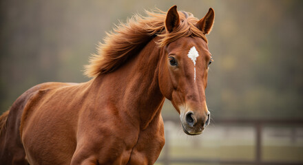 Obraz premium Chestnut horse with flowing mane in a pasture.