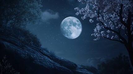Fototapeta premium Serene Nightscape: Full Moon over Blossom Tree and Rocky Hill