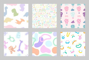 Childish pattern set. Collection of pretty backgrounds for baby shower, cards, wrapping paper, scrapbooking covers. Seamless patterns with dinosaurs, monsters, animals, smile, faces, scribble, balloon