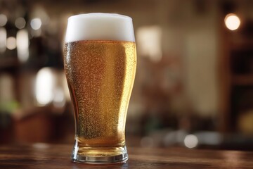 Condensation beads glistening on glass of pilsner beer in pub setting, creating refreshing visual