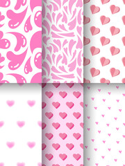 Hearts seamless pattern set. Set of retro psychedelic love seamless pattern. Templates for celebration, ads, branding, surfaces, textile, banner, cover, label, poster, sales. Blurry and papery hearts