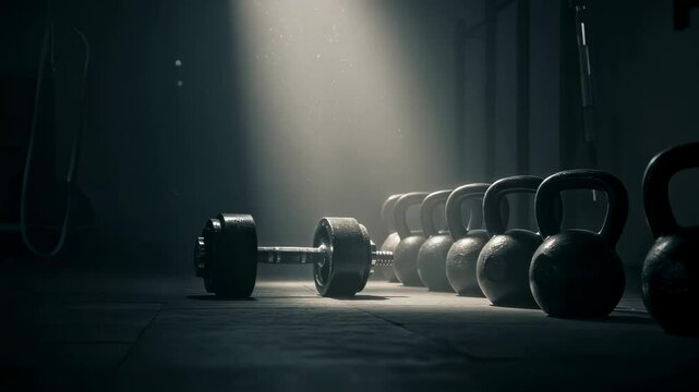 Barbell and row of kettlebells resting on floor in dark gym setting illuminated by spotlight beam, symbolizing strength training, fitness lifestyle, bodybuilding, preparation and determination