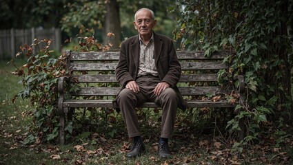 Fototapeta premium A poignant image of a senior man on a weathered bench in a neglected garden surrounded by overgrown vines and fallen leaves capturing solitude and reflection