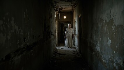 Obraz premium An elderly woman stands in a deserted ancient hallway surrounded by crumbling walls and a flickering light exuding deep isolation