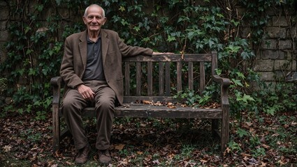 Fototapeta premium A poignant image of a senior man on a weathered bench in a neglected garden surrounded by overgrown vines and fallen leaves capturing solitude and reflection