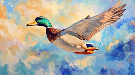 Obraz premium Duck flying above river. Generative AI