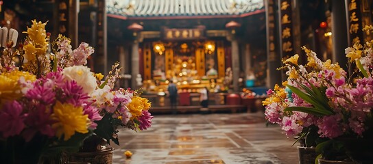 Beautiful flowers frame a blurry view of an ornate interior building
