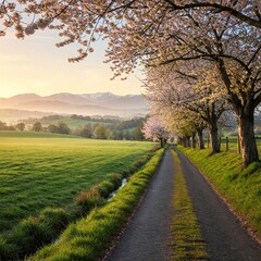 Naklejka premium A narrow country lane lined with spring blossoms, rolling green fields, and distant mountains under a pastel morning sky.
