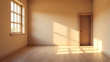Fototapeta premium Empty room with an open door and wooden floor, featuring a light-filled entrance and modern architecture
