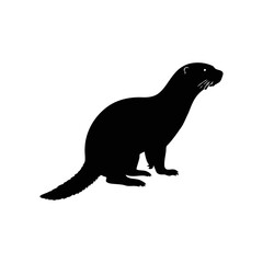 A black and white vector silhouette of an otter swimming with its body stretched and tail trailing behind on a white background