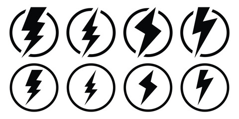 Power energy symbol with a thunderbolt and lightning flash. Icon in line, outline, stroke, solid styles, ideal for app and web UI. Vector isolated on white background