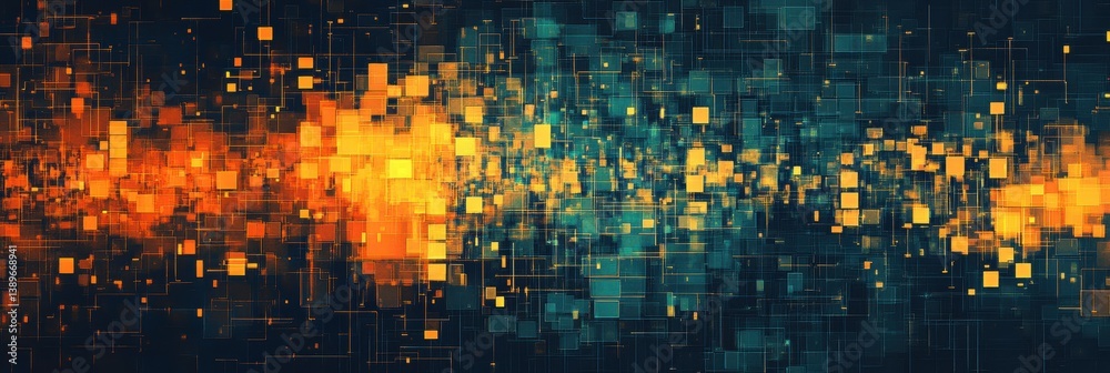 Poster Pixelated abstract pattern with structured gaps in a modern cybernetic theme showcasing high contrast colors and digital aesthetics