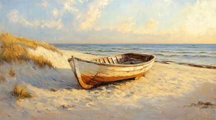 Fishing boat morning beach. Generative AI