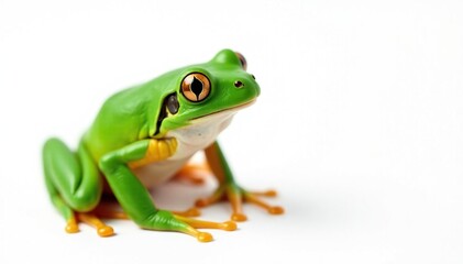 Naklejka premium Close-up of a vibrant green frog against pure white, studio, wildlife photography, reptiles