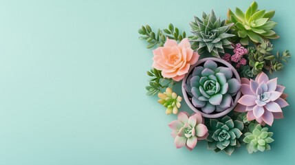 From above, cactus succulents in a planter, with color background. 16