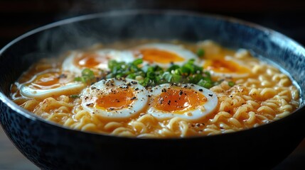 Bowl of steaming hot ramen with soft-boiled eggs