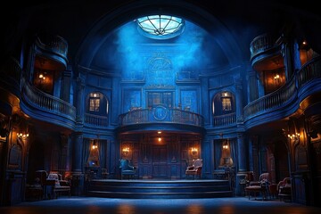 Obraz premium Dark, opulent interior of a grand mansion with balconies, stage, and atmospheric blue lighting.