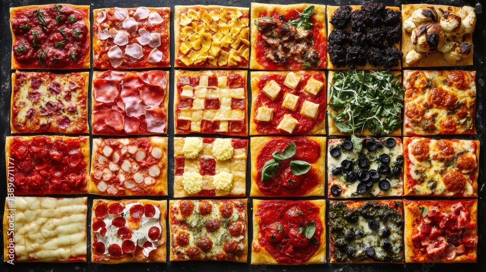 Poster colorful arrangement of diverse pizzas showcasing various toppings and sauces in a unique chessboard