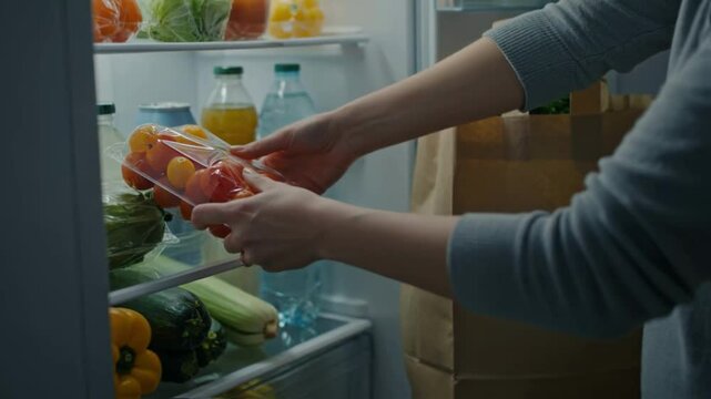 Hands placing fresh groceries like cherry tomatoes onto a brightly lit refrigerator shelf, representing food organization, stocking up, household chores and efficient home food management concepts