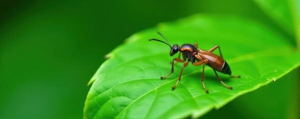 Brown and black insect rests on vibrant green leaf , organic, beetle, garden