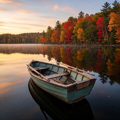 Obraz premium A rowboat floating gently on a calm lake surrounded by autumn trees and mirrored skies of fading daylight.