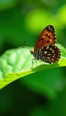 Obraz premium Brown speckled butterfly resting on vibrant green leaf, sunlight dappled , close-up, wings, lepidoptera