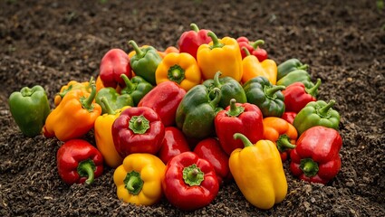 Vibrant bell peppers harvest on dark soil colorful and fresh