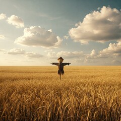 A golden wheat field with a lone scarecrow standing tall under a dreamy, cloud-dappled sky.