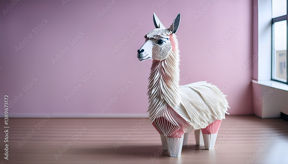 Poster a sculpture of a llama made from paper is displayed in a minimalistic room with a pink wall, highlig