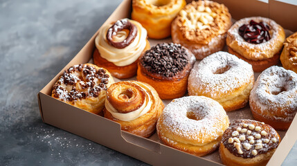 Freshly baked sweet treats arranged in a box on a light grey table, topped with a generous dusting of powdered sugar, waiting to be devoured. Devoured Light. Illustration